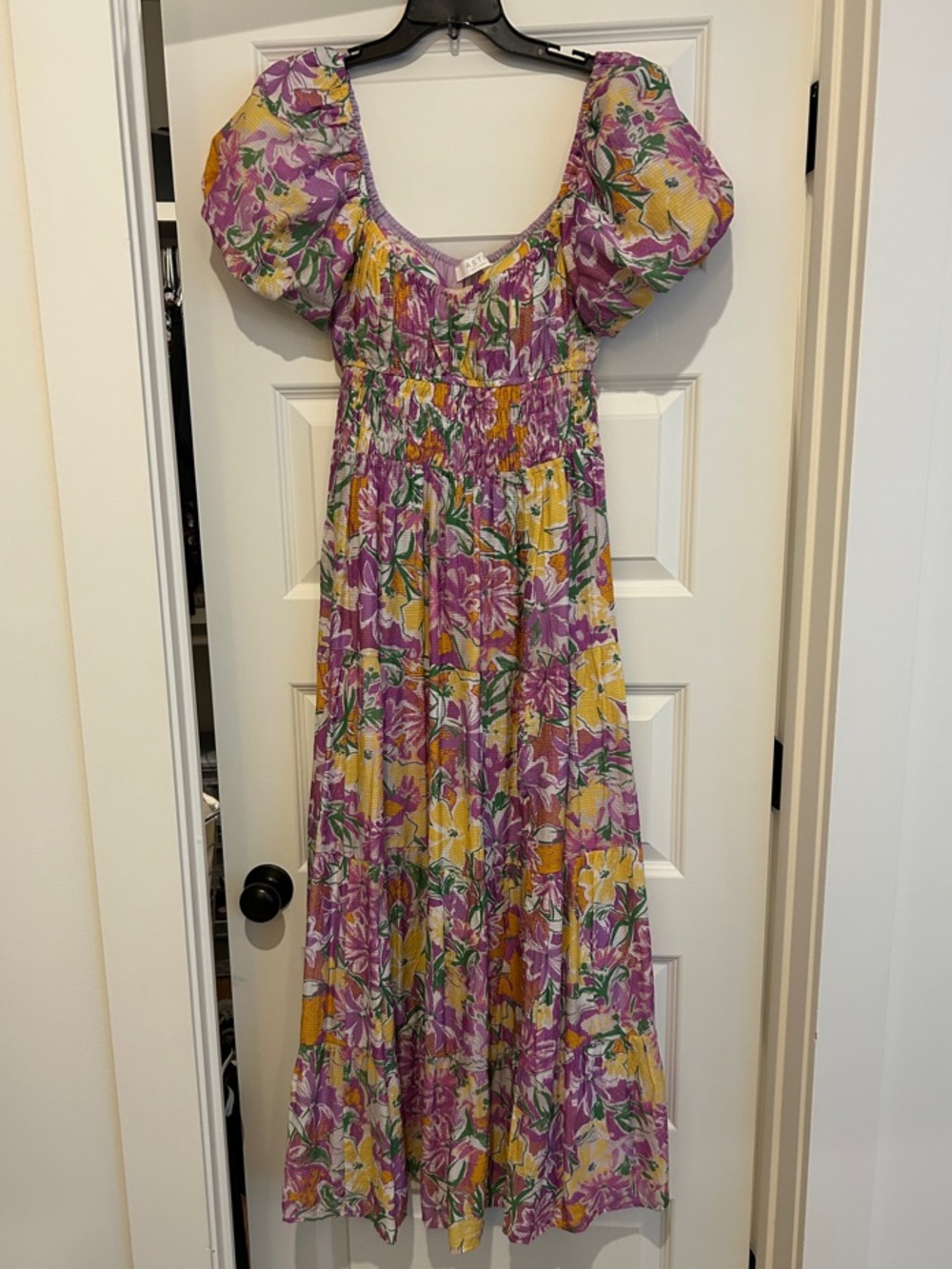 Astr Floral Puff-Sleeve Maxi Dress in Purple and Yellow